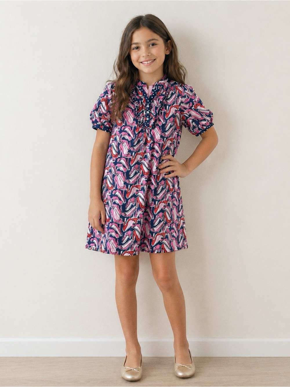 Lilly Pulitzer Girls Polka Trim Pink & Navy Shoe Print Tunic Dress - Size 10